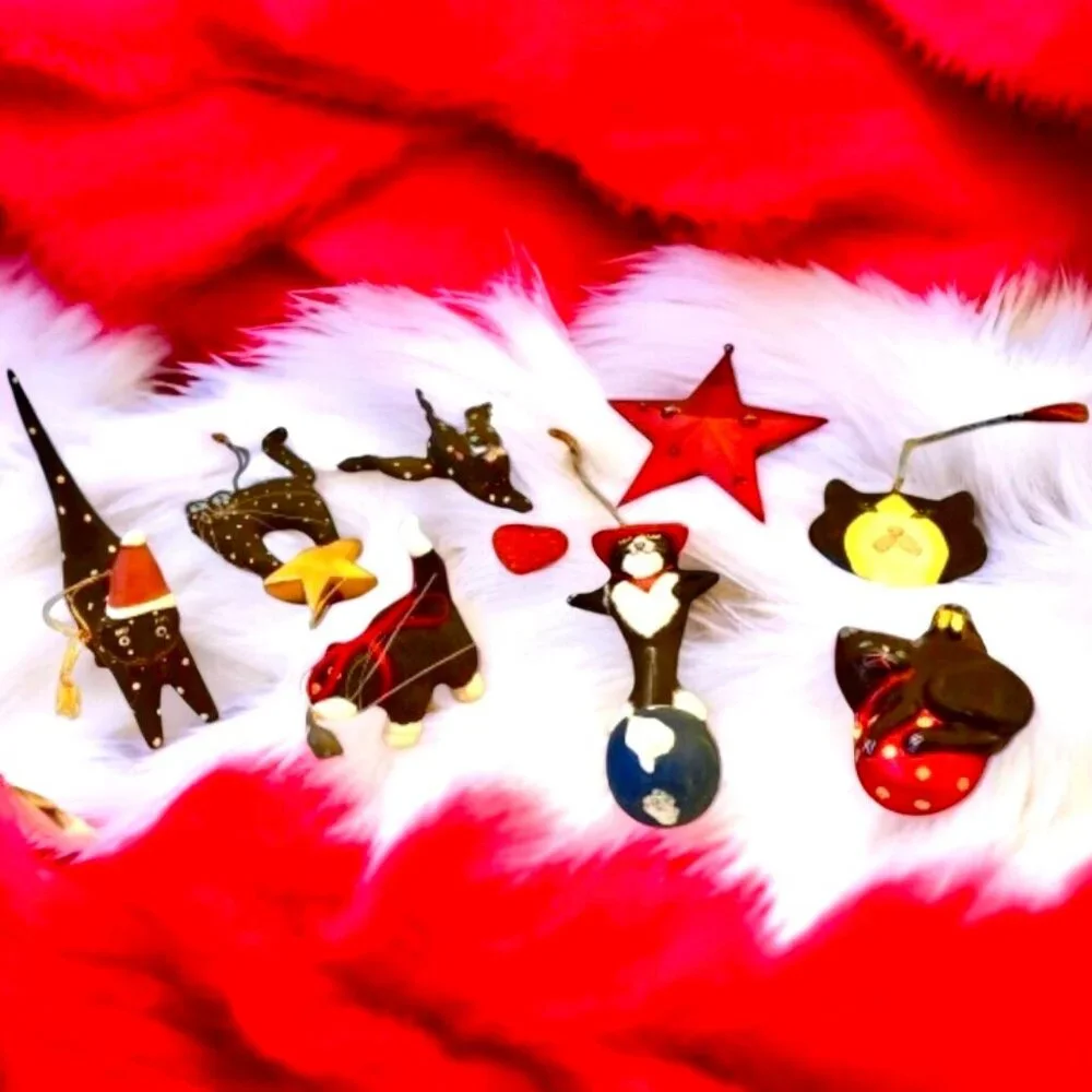 Vintage CAT Christmas Tree Ornaments 6 Wooden Kitties 1 Blown Glass 1 Metal Star